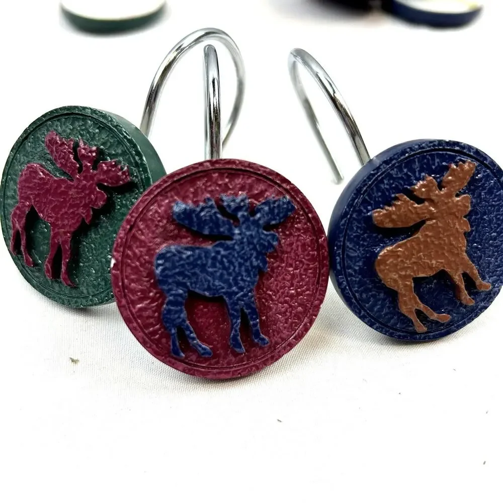 SKU 2223 Vintage 3D Resin Moose Shower Curtain Hooks Set 12 Rustic Country Cabin